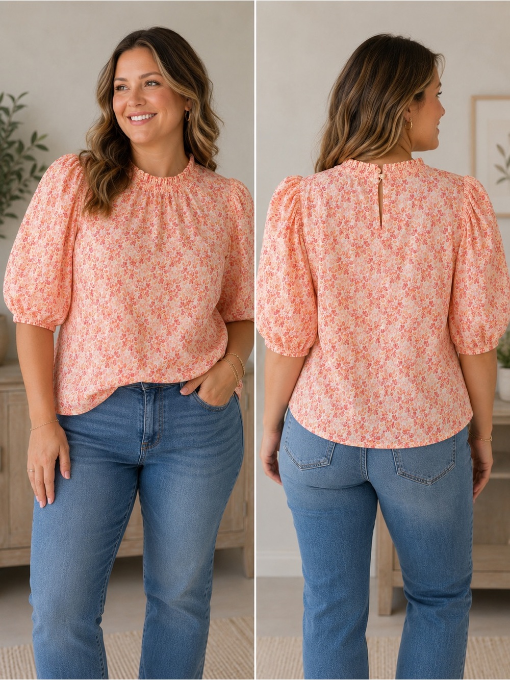 Karlie Floral Textured Puff Sleeve Blouse Women’s Large 100% Cotton Peach Orange